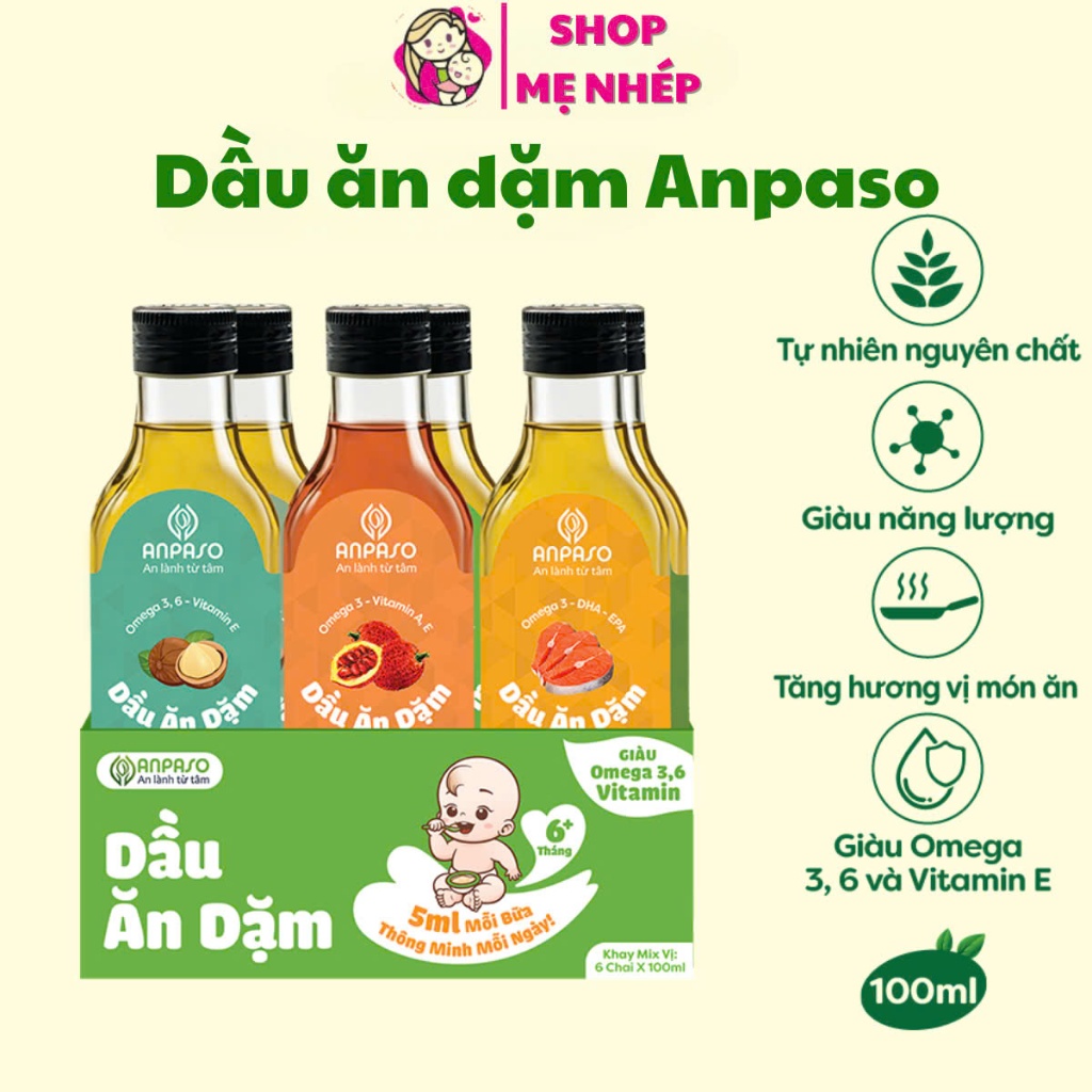 Dầu Ăn Dặm Cho Bé ANPASO Bổ Sung DHA Phát Triển Trí Não 50ml, 100ml - Oliu, Óc Chó, Cá Hồi, Gấc, Macca, Mè