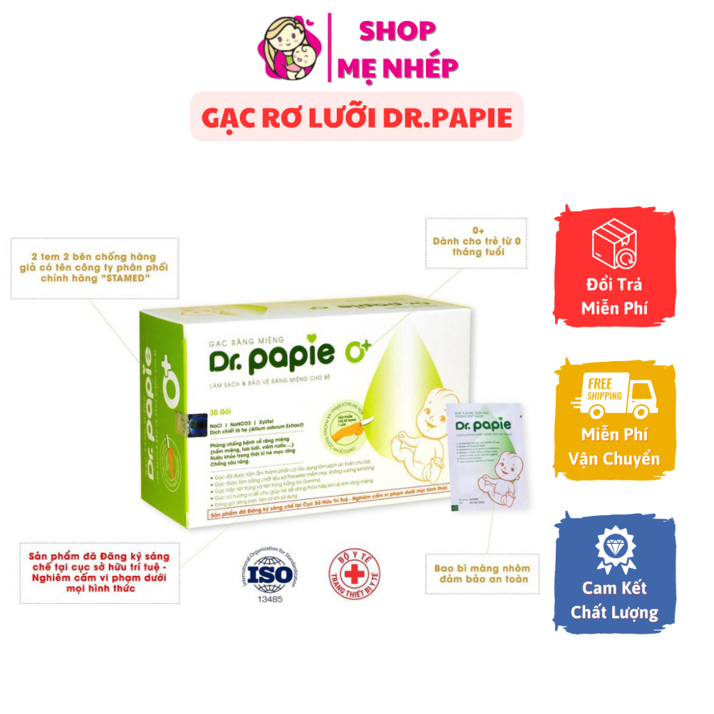 Gạc rơ lưỡi dr papie vệ sinh răng miệng cho bé từ sơ sinh và trên 1 tuổi (hộp 30 gói)