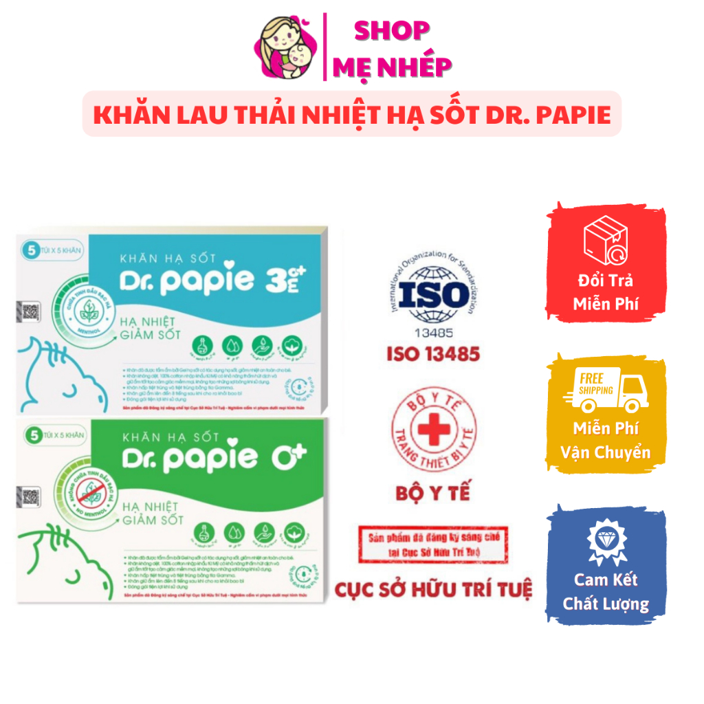 Khăn Lau Hạ Sốt Dr Papie Thải Nhiệt Chuẩn Nhi Khoa Cho Bé Hộp 5 Gói x 5 Khăn/Gói